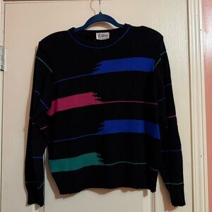 Vintage Black Sweater with Multicolor Stripes and Shoulder Pads